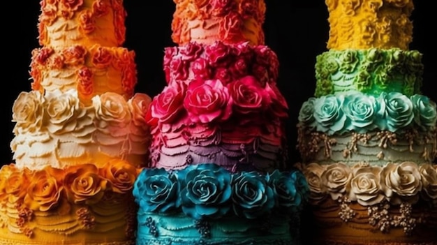 Un gâteau arc-en-ciel avec des roses sur le dessus.