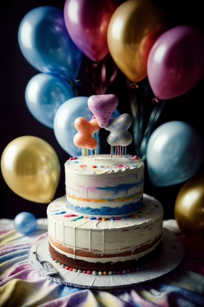 Un gâteau assis sur une table couverte de ballons