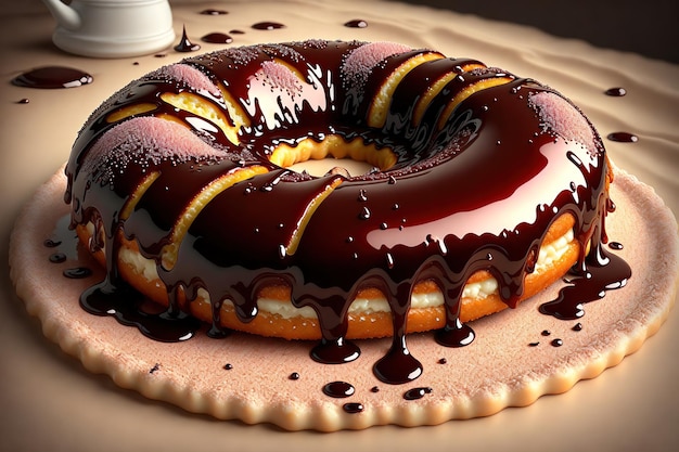 Un gâteau au beignet au chocolat avec glaçage au chocolat et une tasse de café sur la table.