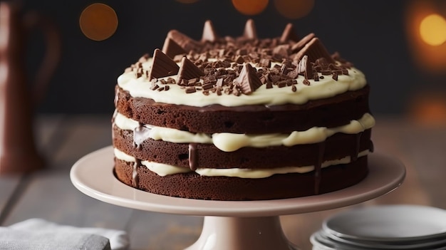 Gâteau au biscuit au chocolat avec glaçage à la crème sur support