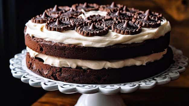 Gâteau au biscuit au chocolat avec glaçage à la crème sur support