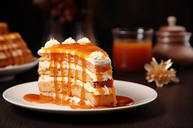 Gâteau au caramel avec glaçage crémeux et biscuits bruns sur fond de table délicieuse confiserie