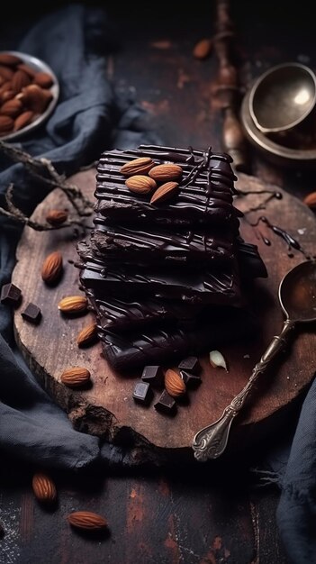 Gâteau au chocolat avec des amandes sur une planche à couper de composition horizontale Tortillas