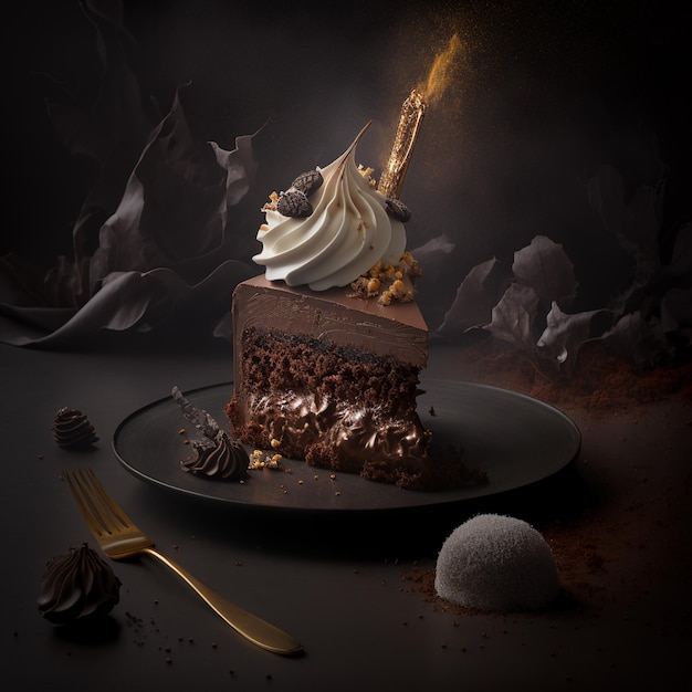 Photo gâteau au chocolat angelarium, photographie de studio sombre,