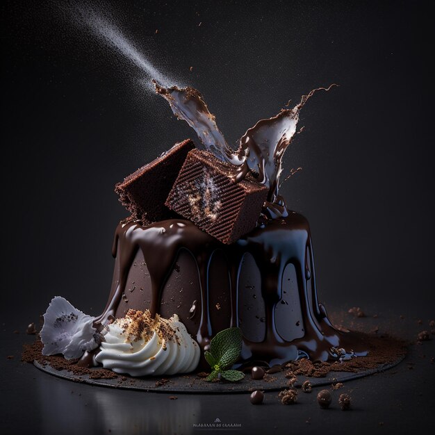 Photo gâteau au chocolat angelarium, photographie de studio sombre,