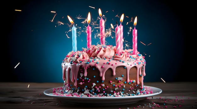 gâteau au chocolat d'anniversaire photo avec bougie de couleur ai génératif