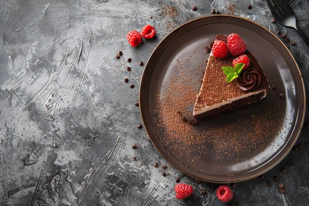 Gâteau au chocolat sur une assiette Arrière-plan en pierre grise Espace de copie Vue supérieure