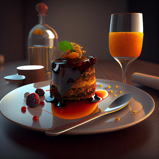 Photo gâteau au chocolat sur une assiette avec une coupe de champagne et des bonbons