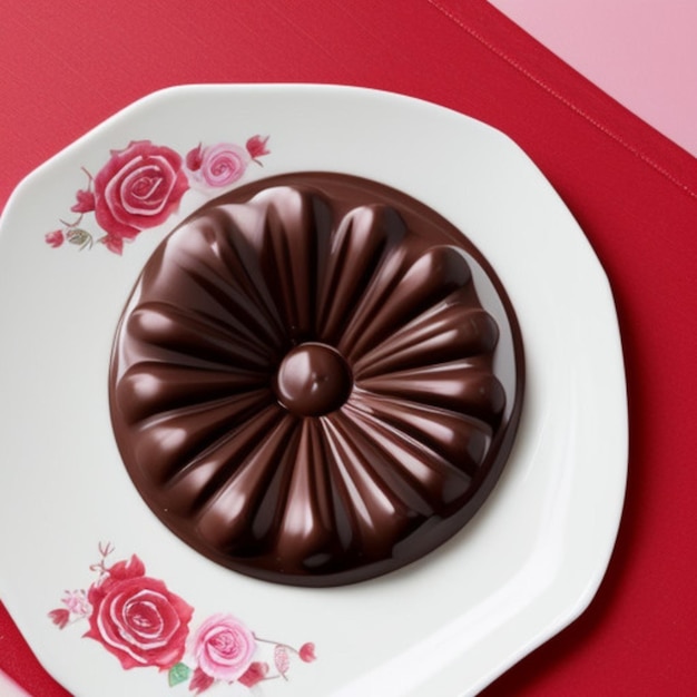 un gâteau au chocolat sur une assiette avec un fond rouge