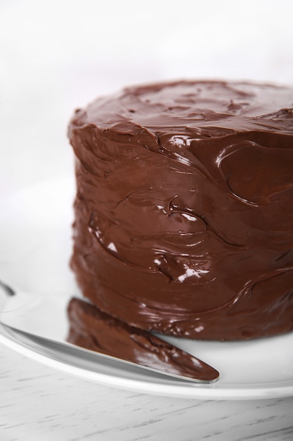 Gâteau au chocolat sur une assiette avec lame, gros plan