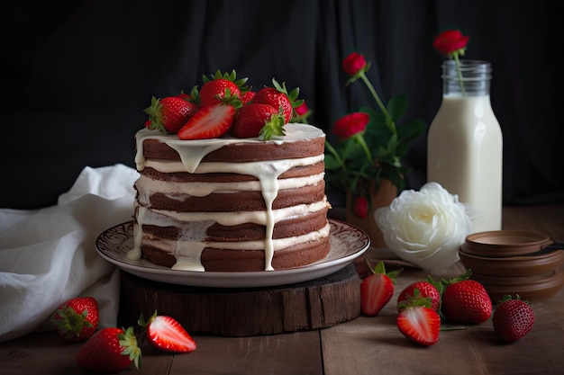 Gâteau au chocolat au lait avec glaçage à la vanille et fraises fraîches créé avec générative ai