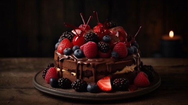 Un gâteau au chocolat et aux baies dessus