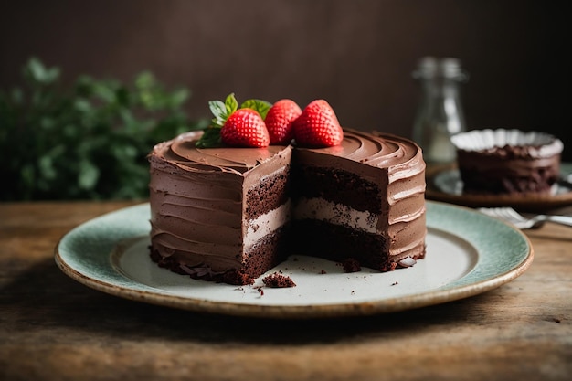 Gâteau au chocolat aux baies sur une planche de bois