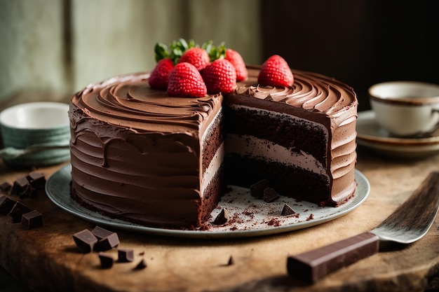 Gâteau au chocolat aux baies sur une planche de bois