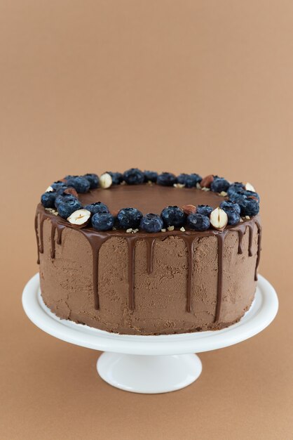 Gâteau au chocolat aux bleuets et noix sur fond marron