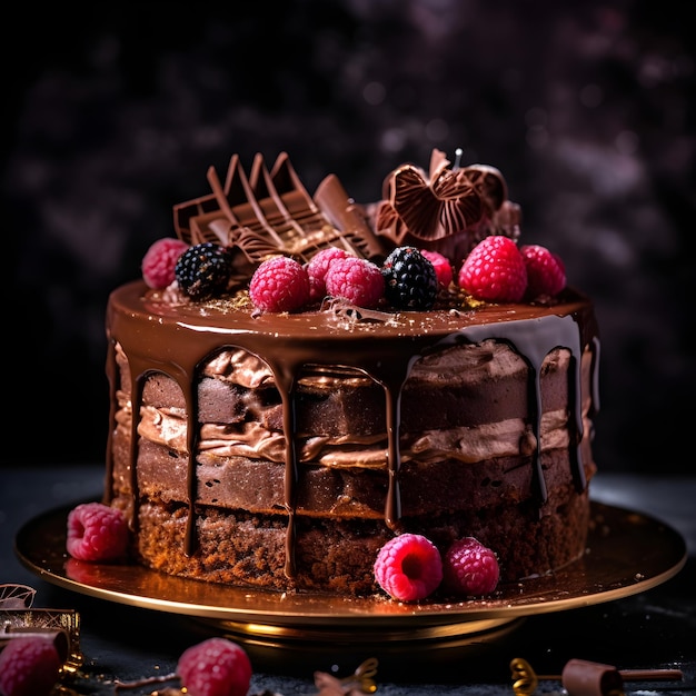 Un gâteau au chocolat et aux framboises dessus