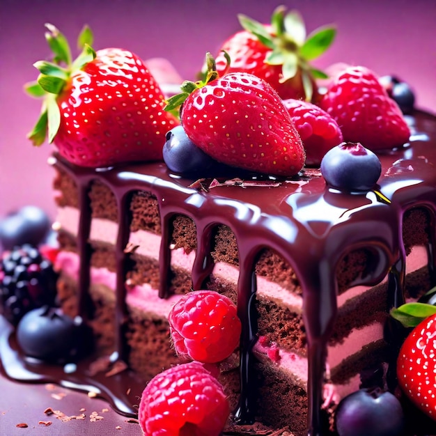 Photo gâteau au chocolat avec des baies sur un fond rose focus sélectif