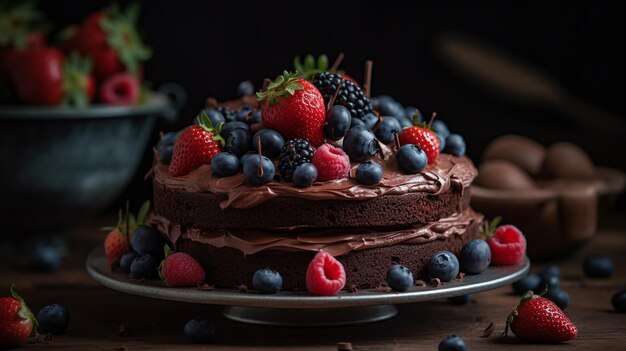 Gâteau au chocolat avec des baies fraîches un dessert classique et gourmand Image AI générative