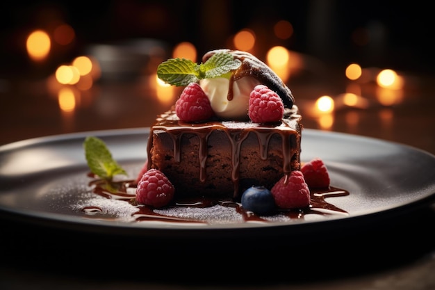 Un gâteau au chocolat avec des baies fraîches et de la menthe sur une assiette sombre