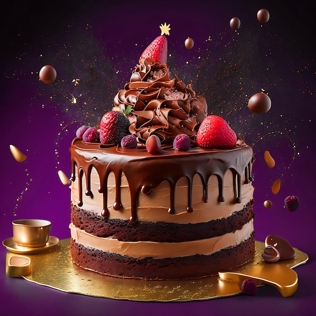 Un gâteau au chocolat avec des baies et des gouttes de chocolat
