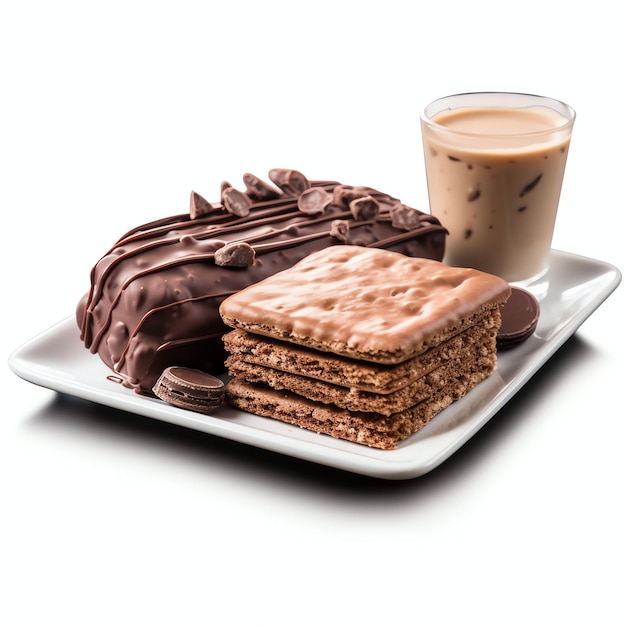 un gâteau au chocolat et des biscuits sur une plaque rectangulaire blanche