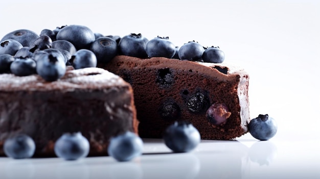 Un gâteau au chocolat avec des bleuets.