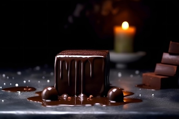 Gâteau au chocolat et bougies sur fond noir