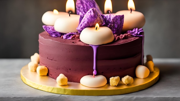 Photo un gâteau au chocolat avec des bougies violettes et une bougie violette