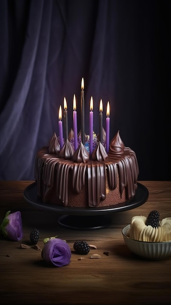 Un gâteau au chocolat avec des bougies violettes est sur une table avec une fleur violette.