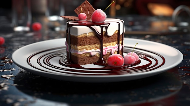 un gâteau au chocolat avec des cerises et un morceau de chocolat sur le dessus