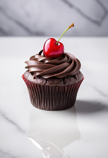 Un gâteau au chocolat avec des cerises sur le sol blanc.