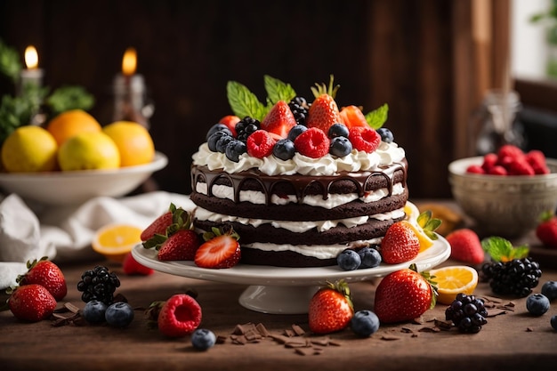 Gâteau au chocolat avec chantilly et fruits