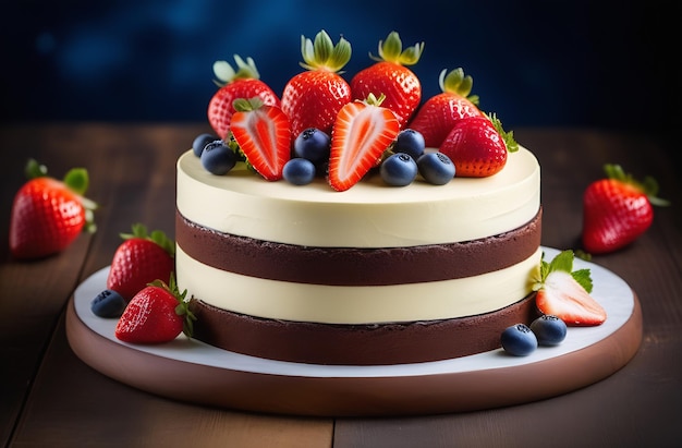Un gâteau au chocolat avec une couche blanche beaucoup de baies rouges fraises framboises