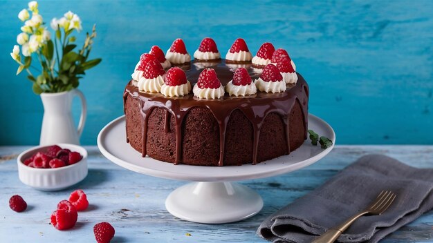 Gâteau au chocolat avec de la crème au fromage blanc décoré de ganache et de framboises sur un stand de gâteau blanc policier