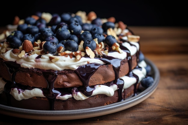 Gâteau au chocolat avec de la crème et des bleuets sur une assiette Gâteau coupé avec une garniture