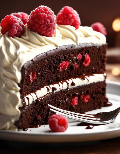 Gâteau au chocolat avec de la crème fouettée et des fruits frais sur un fond sombre