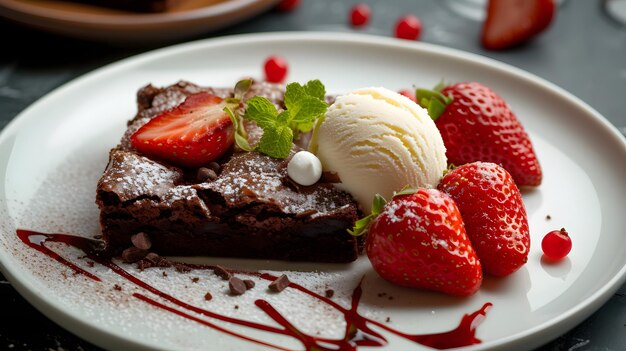 Un gâteau au chocolat avec de la crème glacée et des fraises sur une assiette blanche