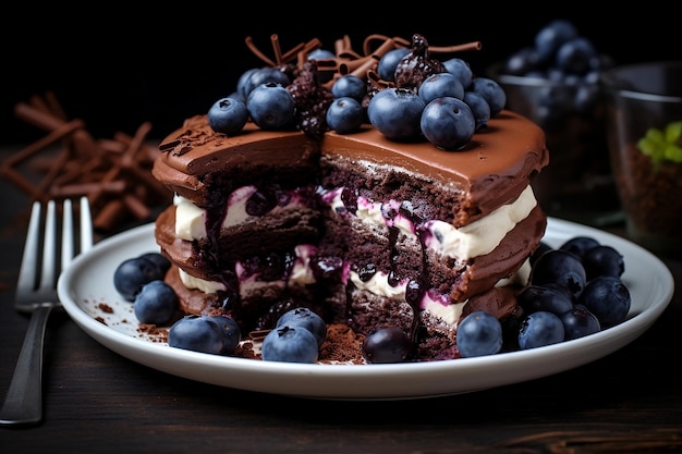 Gâteau au chocolat avec crème et myrtilles sur une assiette
