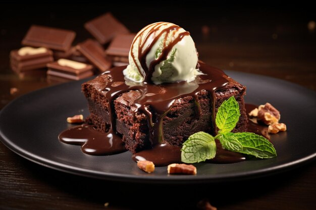 Photo un gâteau au chocolat avec une cuillère de crème glacée.