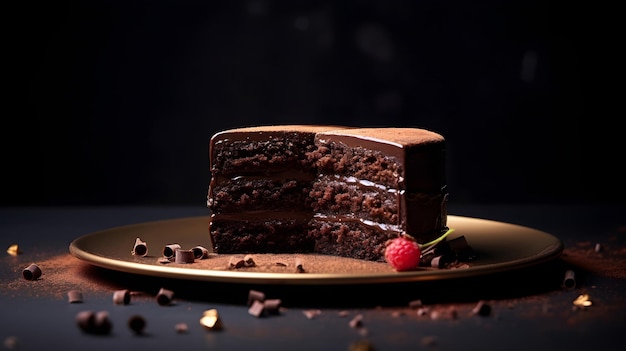 un gâteau au chocolat décadent sur une assiette dorée