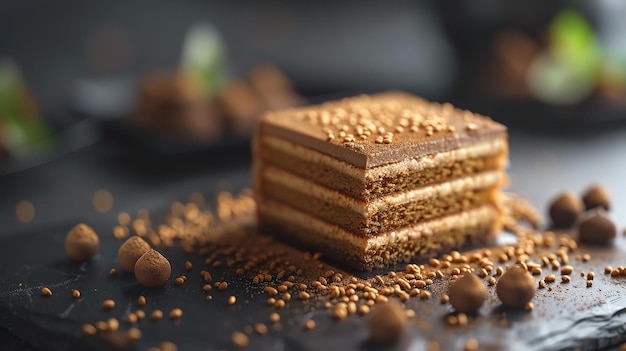 Un gâteau au chocolat décadent avec des couches de mousse richement remplie, surmonté d'une poudre de cacao et servi sur une assiette noire