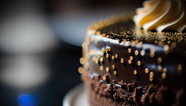 Un gâteau au chocolat avec des décorations dorées et une bougie dessus