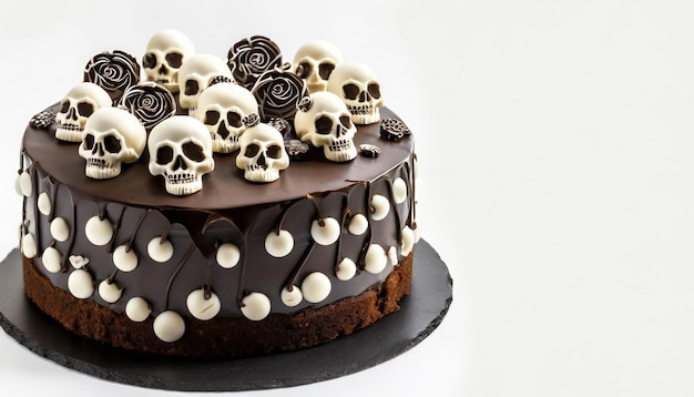 gâteau au chocolat décoré de crânes au chocolat concept d'Halloween