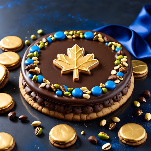 gâteau au chocolat décoré de flocons de neige au chocolat et de bonbons sur fond bleu