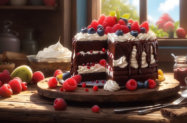 gâteau au chocolat décoré de fruits des bois, myrtilles, fraises et mûres