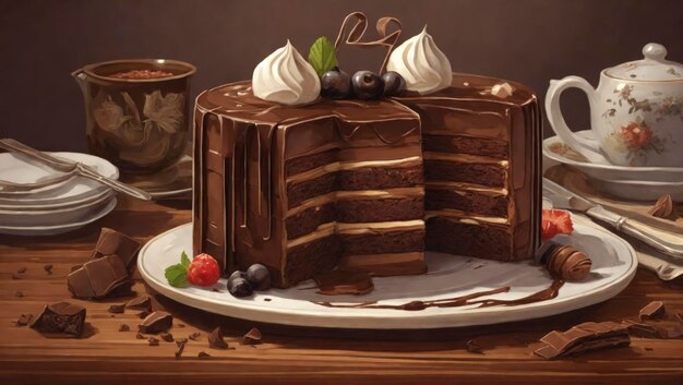 Gâteau au chocolat décoré de fruits des bois