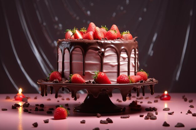 Gâteau au chocolat délicieux et sucré avec des fraises sur une assiette