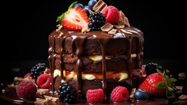 gâteau au chocolat avec du chocolat sucré fondu et des morceaux de fruits sur une assiette avec un arrière-plan flou