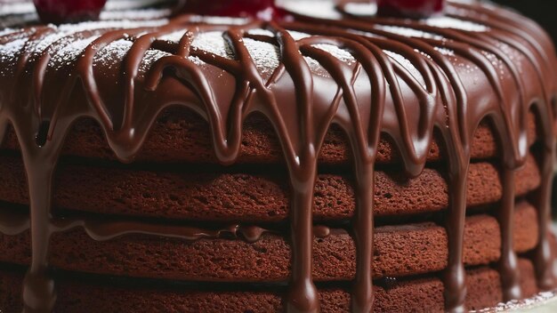 Photo un gâteau au chocolat avec du glaçage au chocolat et des gouttes de chocolat