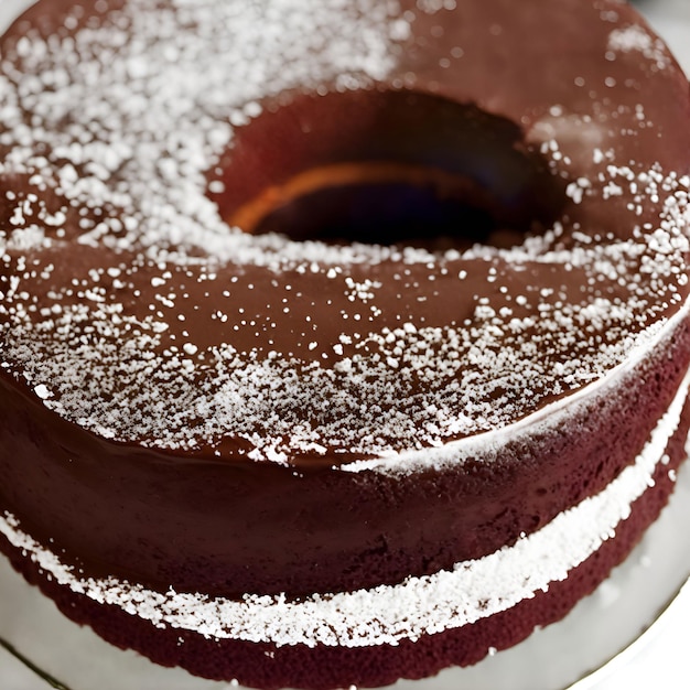 Un gâteau au chocolat avec du sucre en poudre blanc sur le dessus.